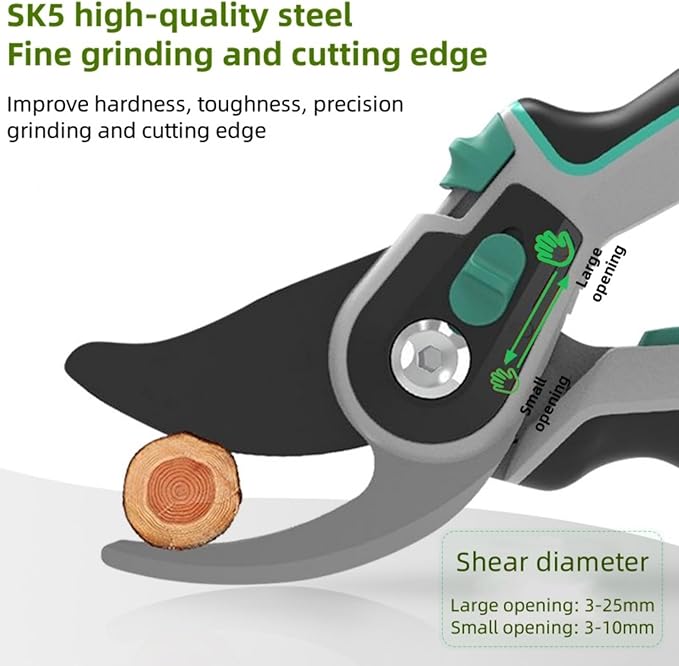 is an 8-inch long, SK-5 steel blade, tough and sharp gardening scissors suitable for trimming 3/4 "fruit branches, flower branches, etc. It is a great helper for gardening