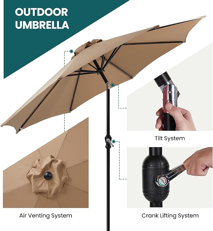 OLIXIS 9FT Patio Umbrella with Tilt and Crank Button & Sturdy Ribs Waterproof, 9Feet Patio Table Umbrella Perfect for Poolside, Terrace, Beach and Outdoor Restaurant
