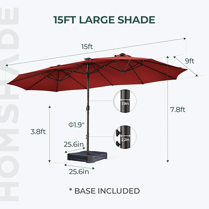 HOMSHADE Double Sided Patio Umbrellas - 15ft Solar Lights LED Lighted Outdoor Extra Large Market Table Umbrella with Base Included, Oversized Umbrella for Deck, Pool, Backyard