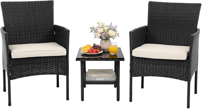 NChanmar 3 Pieces Patio Furniture Outdoor Bistro Set Outdoor&Indoor Conversation Set Coffee Table Chairs Set for 2 with Water-Resistant Cushions for Lawn Yard Garden Porch Balcony and Pool,Black