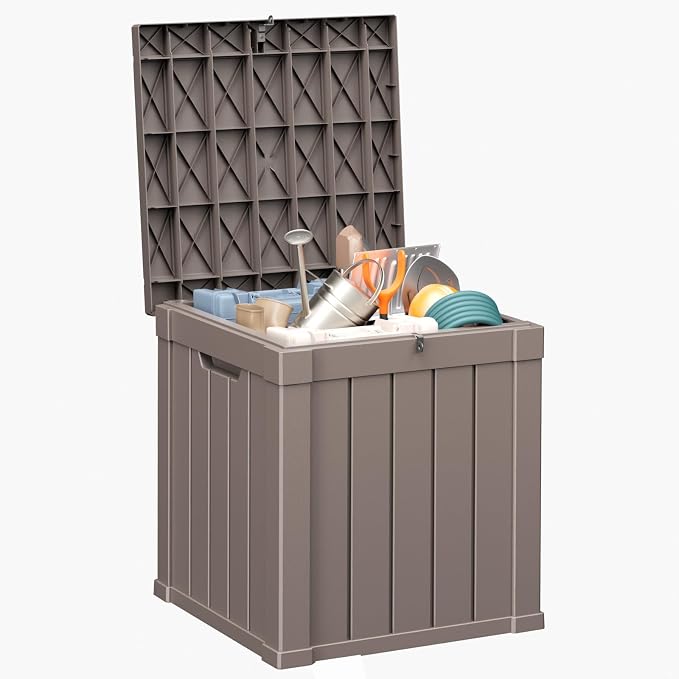 Deck Box Large Outdoor Storage for Patio Furniture,Outdoor Cushions,Garden Tools and Pool Supplies,Waterproof,Resin,Lockable (Grey, 50 Gallon)