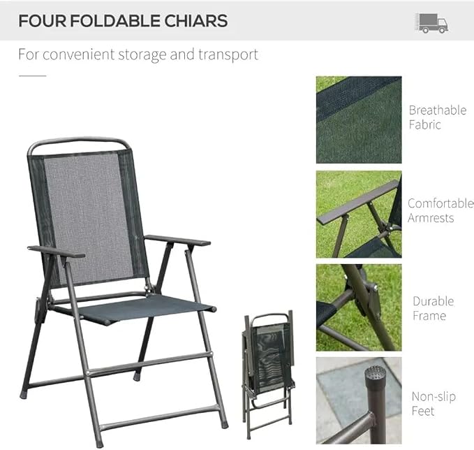 6 Piece Patio Dining Set for 4 with Umbrella, Outdoor Table and Chairs with 4 Folding Dining Chairs & Round Glass Table for Garden, Backyard and Poolside, Black