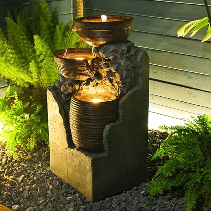 28" Tall 3-Tier Indoor/Outdoor Resin Water Fountain, Modern Cascading Bowl Design for Garden, Patio & Yard Décor – Outdoor Clearance