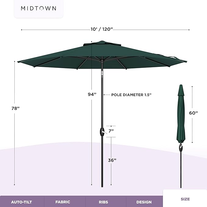 Midtown Umbrellas - 10-Year-No-Fade 10 Ft Patio Umbrella with Terylast Fabric, Auto-Tilt Aluminum Frame and 8 Reinforced Ribs for Deck, Pool, Garden & Beach - Forest Green Canopy, Black Pole
