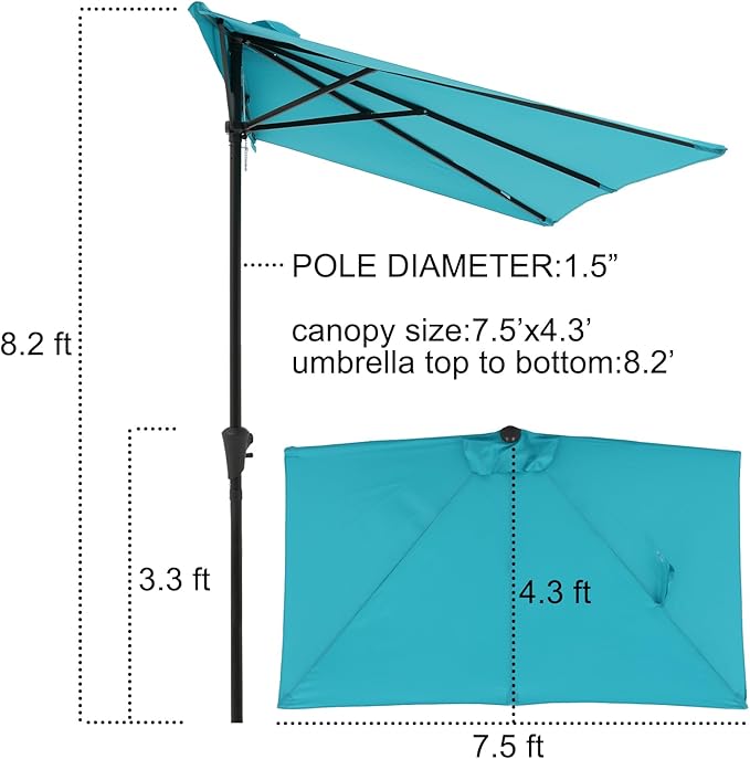 COBANA 7.5’by 4’Half Rectangular Outdoor Patio Umbrella for Patio, Balcony, Garden, Deck, Blue