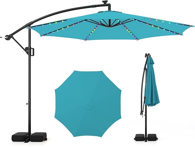 HAPPYGRILL 10 FT Offset Hanging Umbrella with Multi-Colored Flowing LED Lights, 9 Light Modes, Outdoor Patio Cantilever Umbrella with Base, Easy Tilt, 360° Rotation, Crank