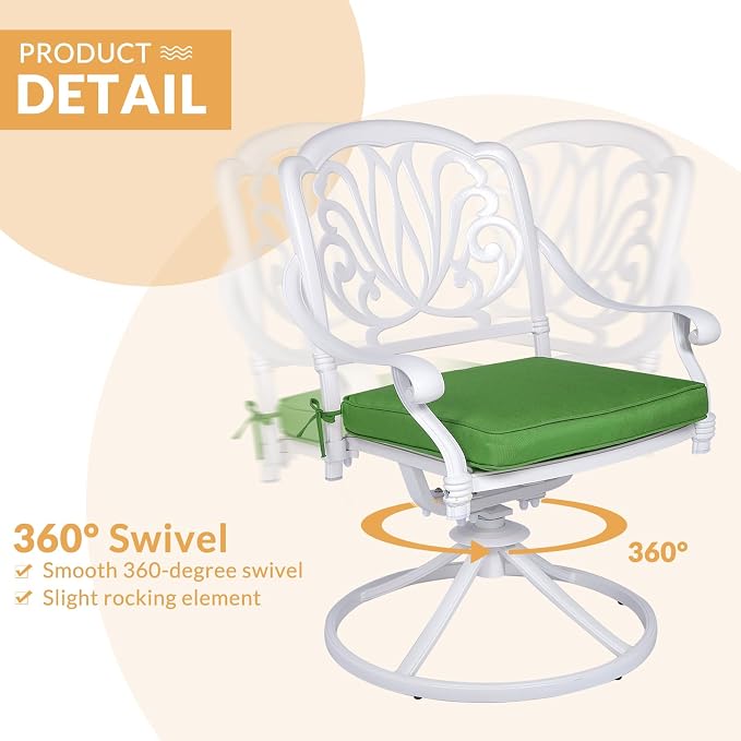 7-Piece Outdoor Patio Dining Set, 60” Rectangular Cast Aluminum Dining Table with Umbrella Hole and 4 Stationary, 2 Swivel Rocker Chairs, 6 Cushioned, Backyard, Patio, Garden, White