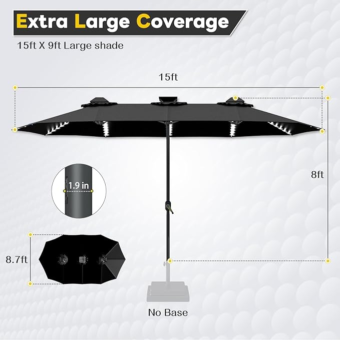AECOJOY 15ft Patio Umbrella with Solar Lights, Double Sided Large Patio Umbrella with Crank Handle and 156 PCS LED Lights, Outdoor Rectangular Market Umbrella for Backyard Deck Pool in Black(1.9" Pole)