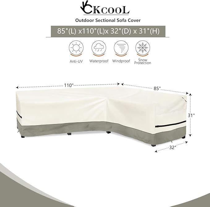 okcool Outdoor Sectional Sofa Cover Waterproof-L-Shaped Patio Furniture Covers for 6-Seater Outdoor Sectional Furniture Couch 110"(85''L) x 32''D x 31''H, White&Grayish Green