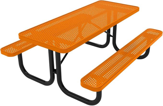 COATEDOUTDOORFURNITURE Heavy-Duty Portable Outdoor Picnic Table, Thermoplastic Coated Punched Steel Commercial-Grade Patio Dining Furniture Made in America (6ft Rectangular, Orange)