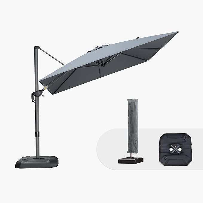 PURPLE LEAF 9'×9' Patio Umbrella with Base Outdoor Cantilever Umbrella with Cover Aluminum Square Offset Umbrella with 360-degree Rotation for Deck Pool Garden Light Grey