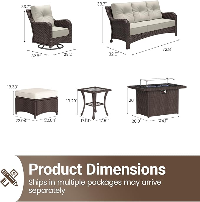 10 Pieces Outdoor Furniture Set with 6-inch Cushions, High Back Wicker Swivel Rocker Chairs with Fire Pit Table, Luxury Conversation Set for Deck Patio and Poolside