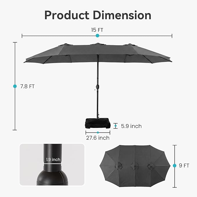 COSIEST 15FT Patio Umbrella with Base Included, Outdoor Double-Sided Table Umbrella,Large Rectangular Market Umbrella w Crank Handle for Garden, Pool, Deck Shade, Dark Gray