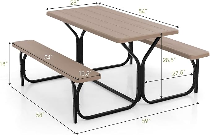 Picnic Table, Camping Portable Picnic Table Bench Set for 4 Persons, Heavy-Duty Steel Frame & Resin Tabletop, All Weather Outdoor Picnic Tables for Patio Travel BBQ Party Garden (Brown)