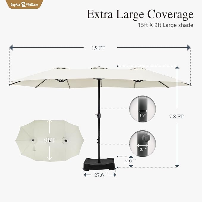 Sophia & William 15 ft Extra Large Patio Umbrella with Base Included, Rectangular Outdoor Umbrella Heavy Duty, Market Umbrella Double-sided Fade Resistant for Pool Garden Backyard, Ivory White