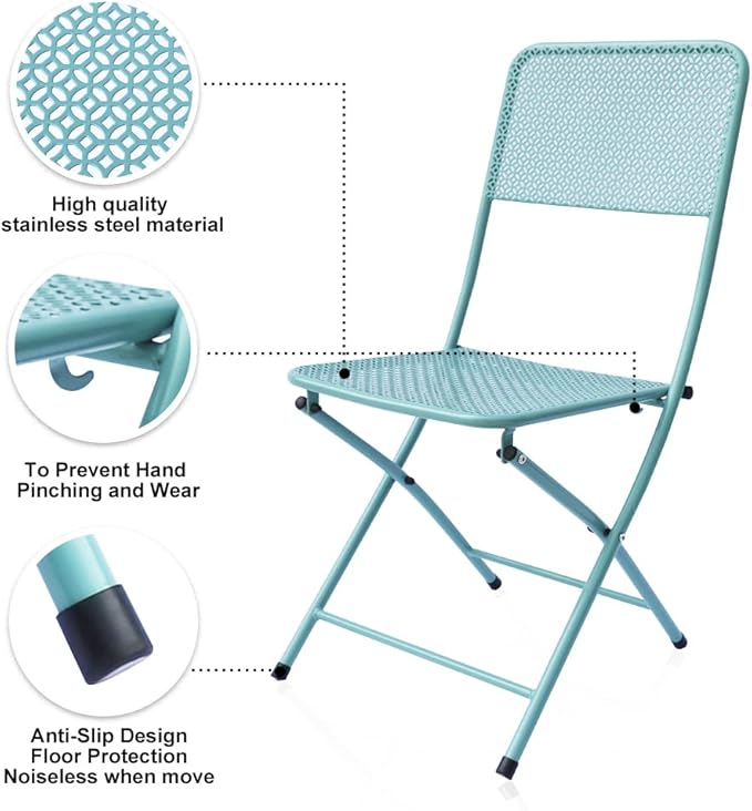 3-Piece Patio Bistro Set, Metal Folding Outdoor Patio Furniture Sets, Stainless Steel Patio Conversation Set with Folding Patio Round Table and Chairs for Yard, Garden or Balcony