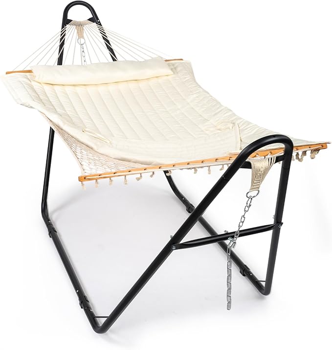 ONCLOUD Double Hammock with Stand for Outside, Rope Hammock with Pillow and Pad, Heavy Duty Hammock Set for Backyard, 550 LBS (White)