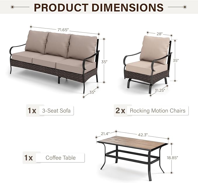GREEN PARTY Extra Large Outdoor Patio Furniture Set 4 Pieces for 5, Modern Metal Patio Conversation Sets with High Back 3-Seat Sofa, 2 Motion Chairs, 1 Coffee Table, for Garden, Backyard
