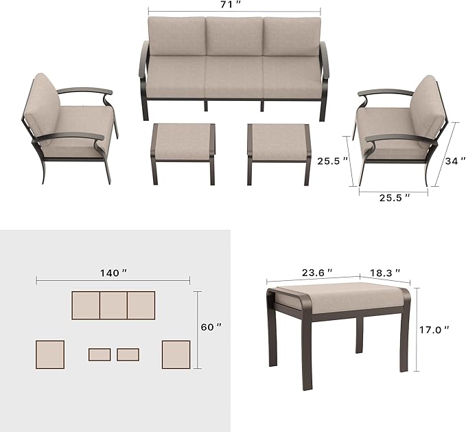 Gotland Aluminum Patio Furniture Set, Metal Outdoor Furniture with 2 Ottomans 5.1’’ High-Resilience Seat Cushions, 5 Piece Patio Set, Oversized Outdoor Sectional Patio Conversation Sets, Khaki