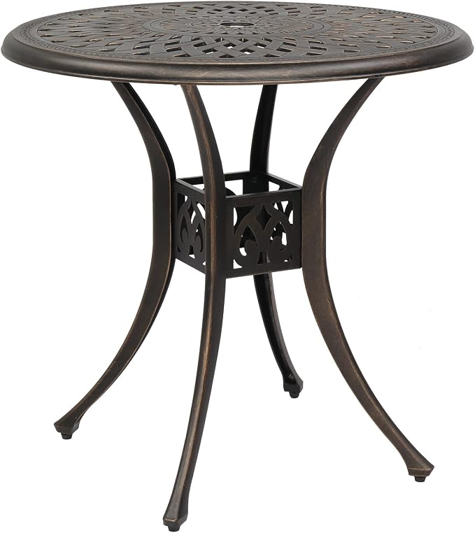 Patio Bistro Dining Table with Umbrella Hole,Cast Aluminum Backyard Bistro Round Table, Outdoor Garden Furniture Table