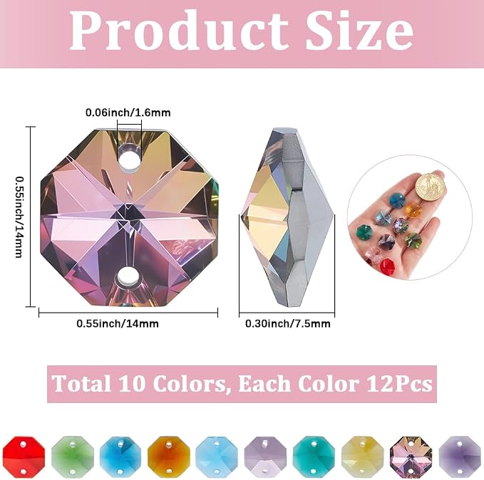 1 Box 120Pcs 10 Colors 14mm Crystal Glass Octagon Beads Colorful Suncatcher Beads Bulk 2 Hole Prism Chandelier Replacement Connector Faceted Spacers for DIY Lamp Hanging Pendant Jewelry Craft