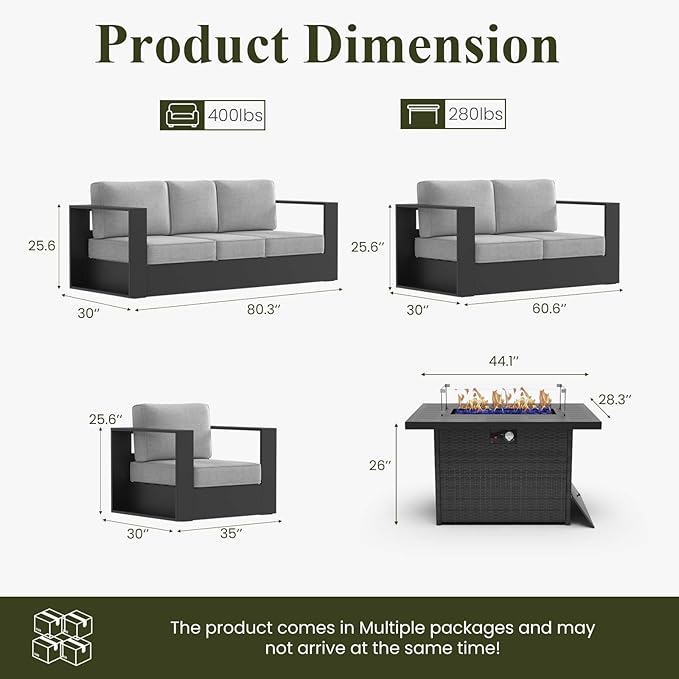 LayinSun Oversized Aluminum Outdoor Furniture Set, 5 Piece Patio Sofa Sets with Fire Pit Table, Deep Seating and Upgraded 6-inch Cushions for Porch, Balcony, Deck