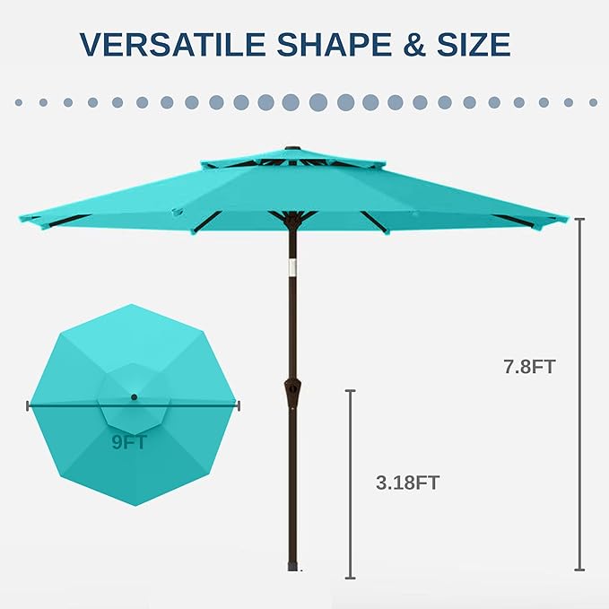 9FT Patio Umbrella 2-Tier Outdoor Market Table Umbrella with Push-Button Tilt & Crank | UPF 50+ & Waterproof for Backyard,Garden,Pool,Deck (Peacock Blue)
