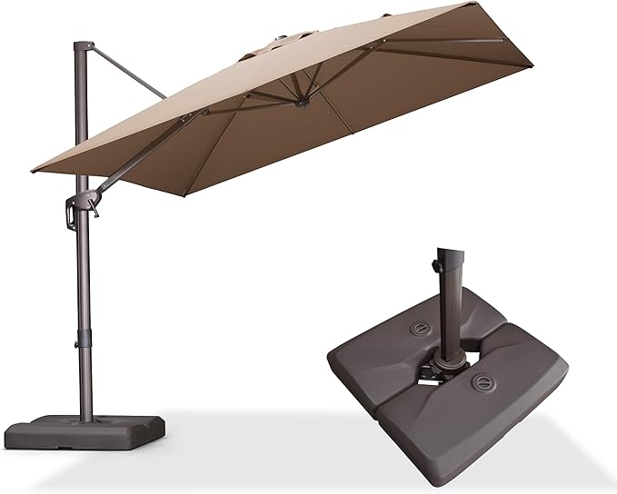 PURPLE LEAF 9' X 9' Patio Umbrella With Base Antique Bronze Square Cantilever Umbrella Outdoor with 360° Rotation and Aluminum Offset Hanging for Pool Deck Garden Backyard, Taupe