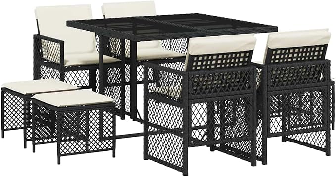 9 Piece Garden Dining Set, Black and Cream PE Rattan Outdoor Patio Furniture Set with Tempered Glass Table and Cushioned Seats for Backyard and Balcony
