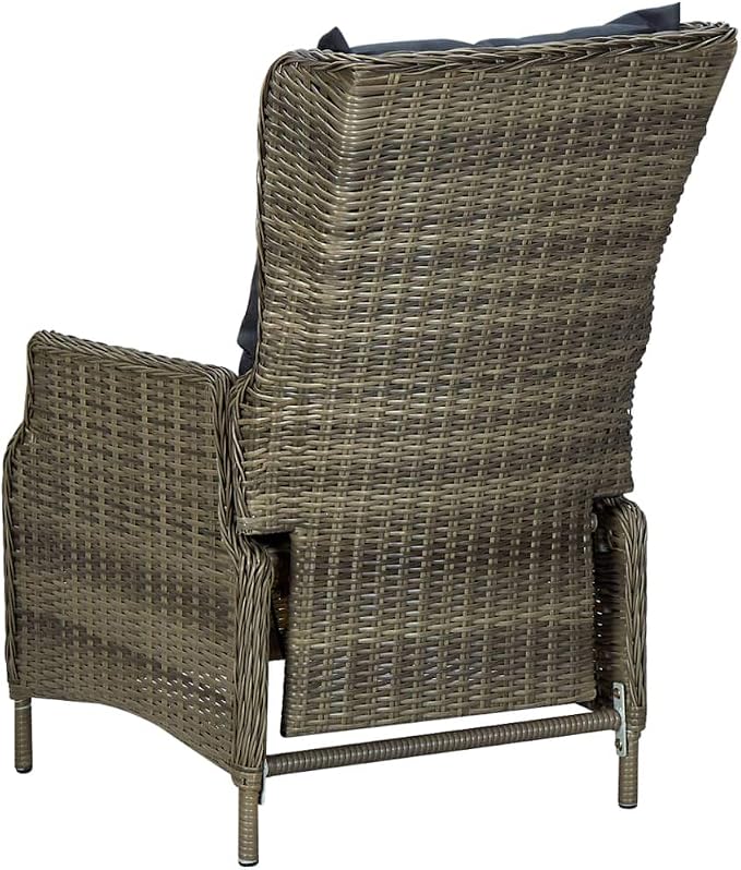7 Piece Patio Dining Set with Cushions, PE Rattan Brown Outdoor Furniture Set with Adjustable Reclining Armchairs and Solid Wood Tabletop