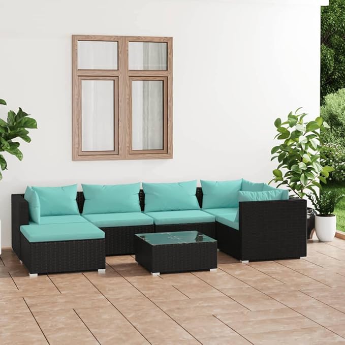 Patio Lounge Set with Cushions,Outdoor Table and Chairs Set,Terrace Conversation Set Furniture,Outdoor Furniture,for Garden,Backyard,7 Piece Poly Rattan Black