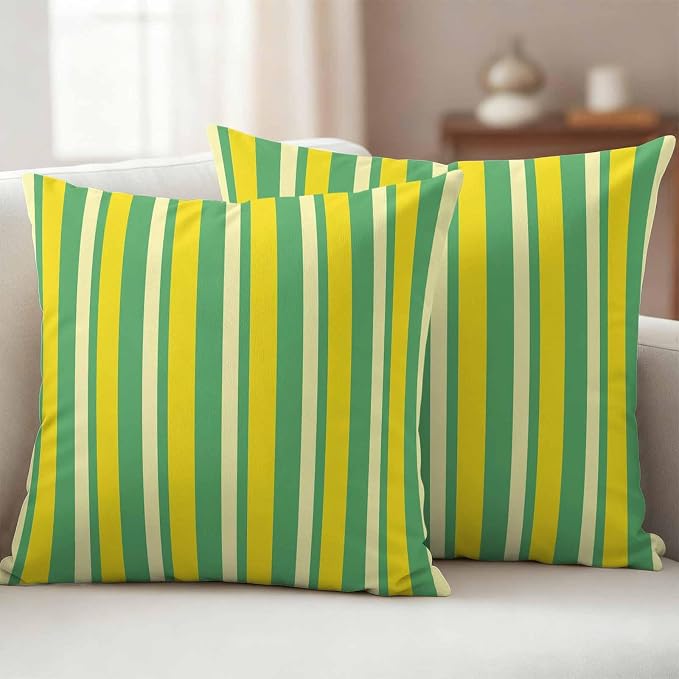 Lemon Green Yellow Outdoor Pillow Covers 16x16 Inch Throw Pillow Covers Set of 2 Waterproof Decorative Pillow Cases Summer Modern Farmhouse Striped Cushion Covers for Patio Furniture Garden Couch Sofa
