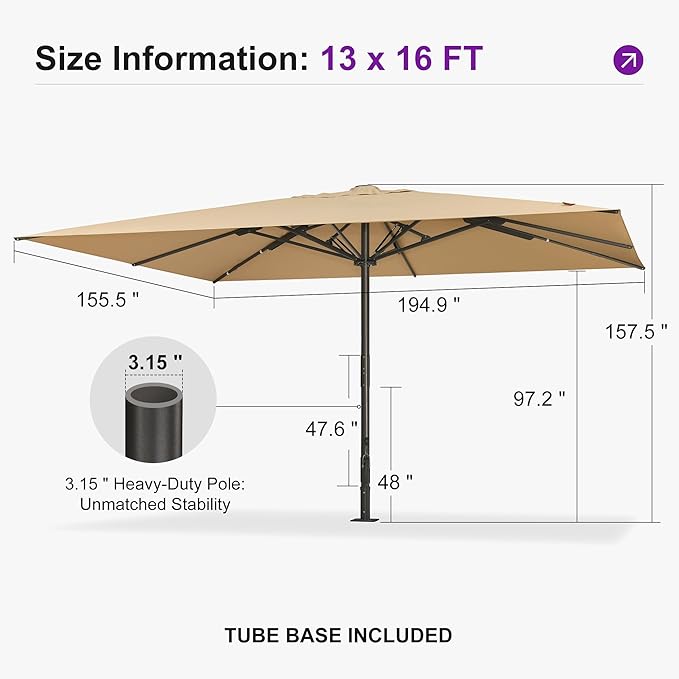 PURPLE LEAF 16' x 13' Rectangular Semi-Auto Outdoor Patio Umbrella Aluminium Market Umbrella Table Sun Umbrella with 3.15" Rod and 8 Sturdy Ribs for Deck Lawn Pool Garden, Beige