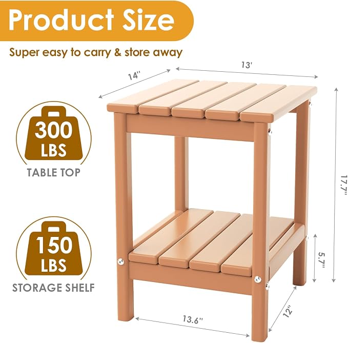 IVY&LANE Adirondack Outdoor Side Tables Set of 2 | HDPE Plastic | Patio End Table with Storage | 2-Shelf | Weather Resistant | Teak | 14 x 13 Inches | for Outside Porch Backyard Indoor