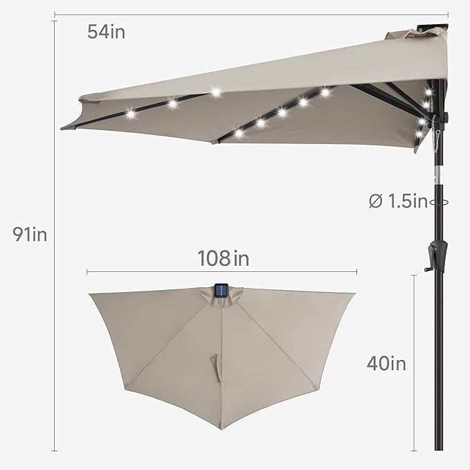 9ft Solar Half Umbrellas Outdoor - LED Half Patio Umbrella with 25 Lights, UV Protection Waterprool, Half Round Umbrella for Wall Balcony, Pool, Porch, Garden, Deck, Backyard, Taupe