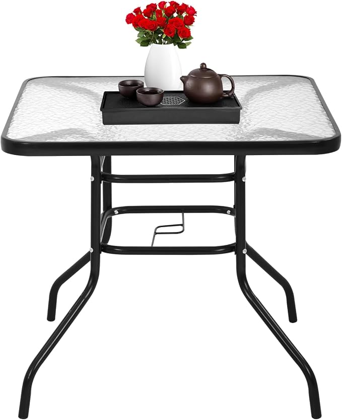 32 Inch Outdoor Bistro Table, Square Patio Table Tempered Glass Bistro Dining Set with Umbrella Hole for Garden, Balcony, Yard, Bars & Restaurant