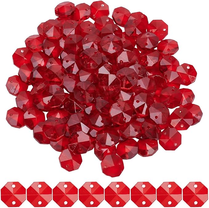 1 Box 120Pcs 14mm Crystal Glass Octagon Beads 2 Hole Crystal Prism Beads Red Glitter Chandelier Replacement Connector Suncatcher Faceted Spacers for DIY Lamp Hanging Ornament Pendant Adults