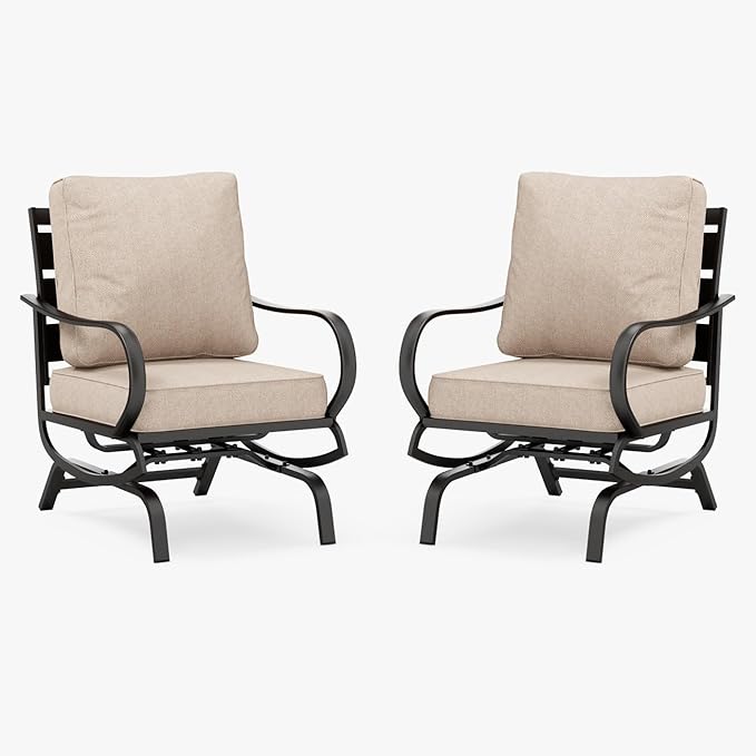 MFSTUDIO Metal Patio Conversation Sets, Outdoor Furniture Sofas Set of 2, 2 Pieces Durable Steel Frame Patio Rocking Chairs with 5.8" Beige Cushions for Patio Garden Backyard Balcony