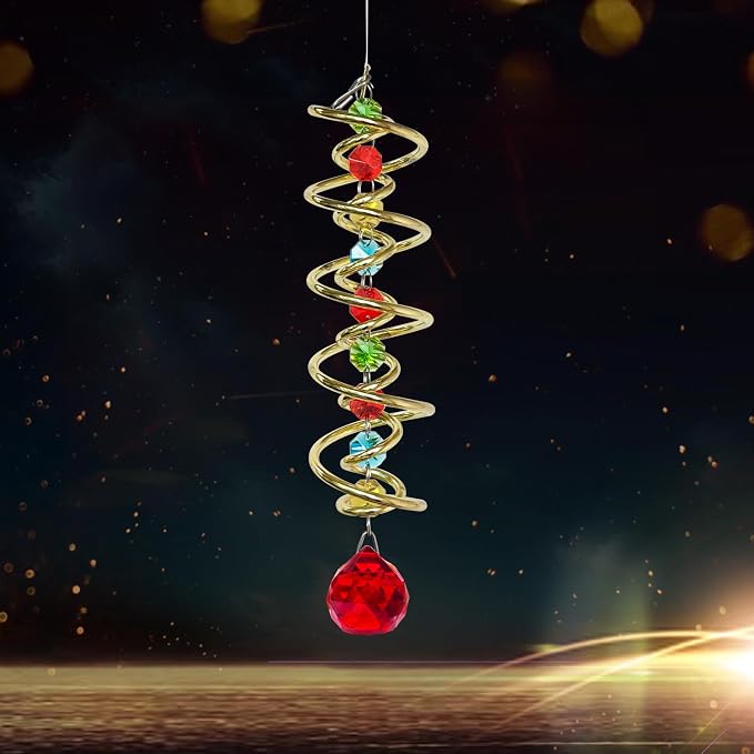 FONMY Gazing Ball Spiral Tail Decorative Wind Spinner Sun Catcher Rainbow Maker Golden Double-Spiral W/Red Crystal Ball and Chain Crystals for Indoor Outdoor Garden Decoration -14 inch H