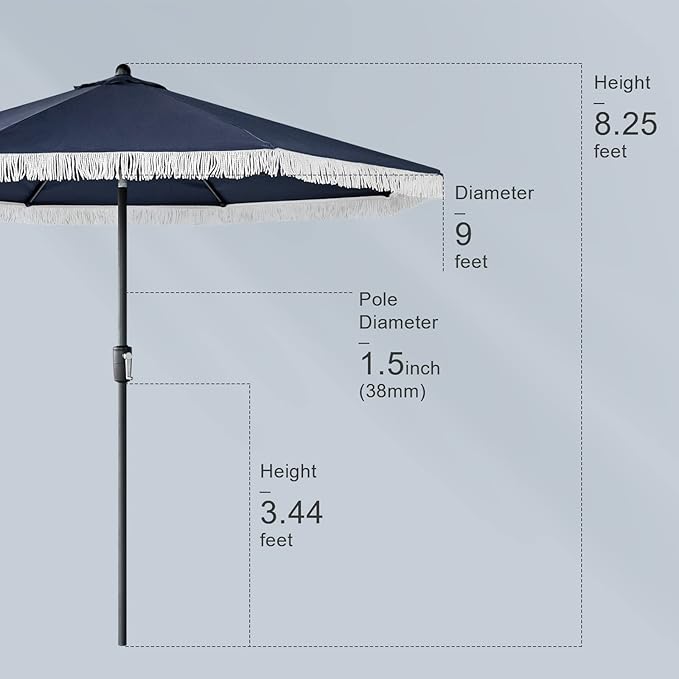 Tempera 9ft Auto Tilt Patio Umbrellas with Fringe, Outdoor Market Umbrellas with Fade Resistant Canopy, 8 Sturdy Rids, Luxurious Vintage Umbrellas for Lawn, Pool, Deck, Balcony