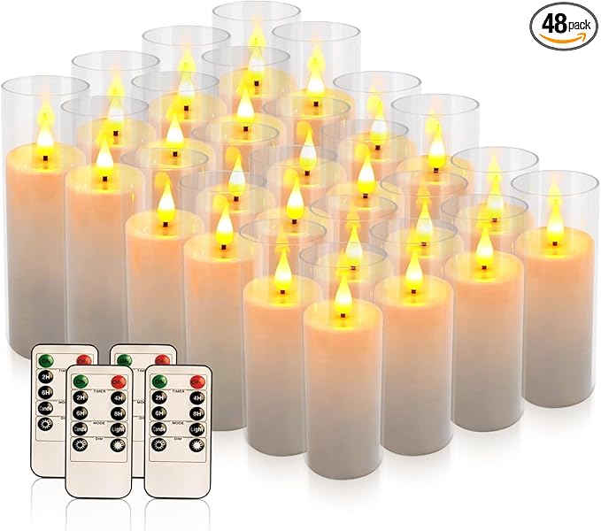YOROXRG Set of 24 Flickering Flameless Candles Battery Operated with Remote and 2/4/6/8 H Timer Plexiglass Led Pillar Candles with Realistic Moving Wick Candles for Home Decor (D2.2"xH 5"6"7")(White)