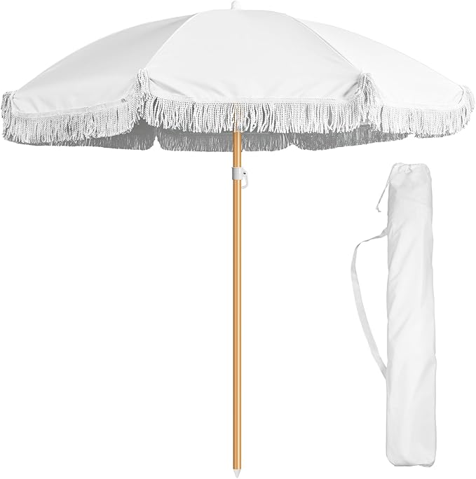 Talltalk 6 Ft Outdoor Beach Patio Umbrella with Fringe, Steel Pole, Steel Ribs and Carry Bag Elegant Table UPF 50+ UV Boho Umbrella for Outdoor Patio Picnic Beach Backyard(White No Steering)