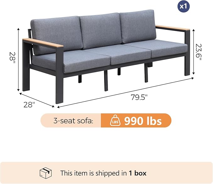 3-Seat Aluminum Outdoor Sofa, 1-Piece Powder-Coated Patio Sectional Sofa with 1.5mm Thick Frame, Anti-Hot Armrest & Waterproof Removable Cushions, Large Outdoor Couch for Backyard Courtyard Grey