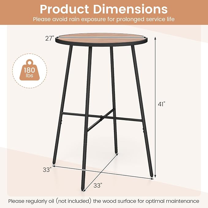 COSTWAY Outdoor Bar Table, 41" Bar Height Patio Round Table with Acacia Wood Top & Metal Frame, High Top Outside Pub Height Bistro Dining Table for Balcony, Garden and Backyard