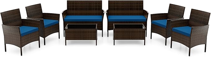 RELAX4LIFE 8-Piece Patio Furniture Set - Rattan Outdoor Conversation Bistro Set w/Cushions, Glass Coffee Table, Wicker Chairs & Loveseat for Garden Backyard Porch, Balcony Furniture Set (2, Peacock)