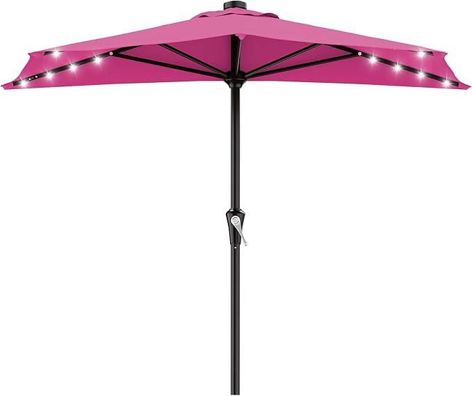 AreShark 9ft Patio Half Umbrellas with Solar Lights, 1/2 LED Half Outdoor Umbrella w/ 20 LED Lights, Lighted Table Wall Umbrella with Crank & 5 Sturdy Ribs for Market, Pool, Deck, Lawn and Garden, Rose Pink