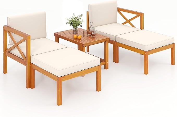 Tangkula 5 Pieces Patio Lounge Chair Set w/Ottomans, Acacia Wood Patio Conversation Set w/Cushions, Coffee Table, Modular Outdoor Lounge Sofa Set for Lawn, Backyard, Poolside