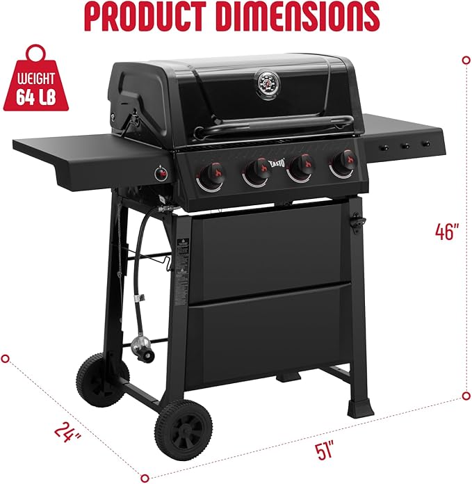 Feasto 4-Burner Gas BBQ Grill with Side Tables, 36,000 BTU Outdoor Propane Grill with Premium Enameled Coated Chamber Body & Porcelain-Enameled Stamped Grates for Deck Party & Patio BBQ, Black