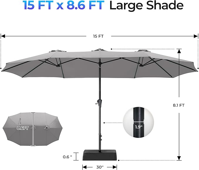 SUPERJARE 15FT Outdoor Patio Umbrella with Base Included, Double Sided Pool Umbrellas with Fade Resistant Canopy, Extra-Large Table Umbrella for Deck, Market, Backyard, Gray