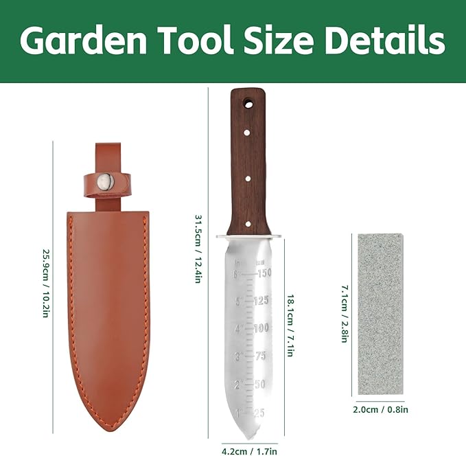 FEITA Hori Hori Garden Knife with Leather Sheath and Sharpening Stone, 7.1 Inches Stainless Steel Blade, Serrated Side Garden Soil Knife Tools Gifts for Gardeners Men
